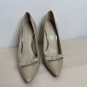 Coach Beige Patent Leather Pointed Pumps with Bow Accent